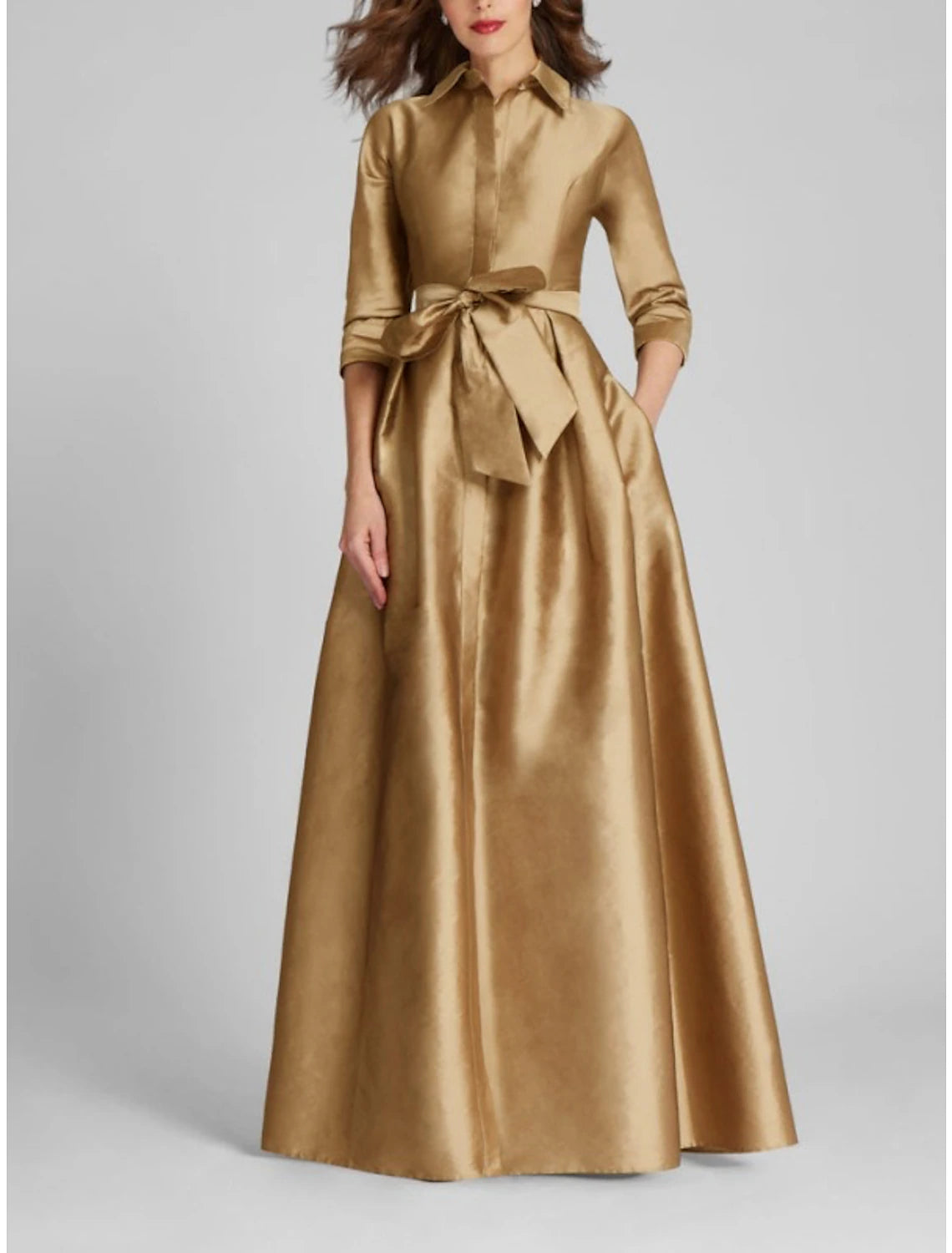 Unbeatable Prices Satin A-Line Evening Gown Champagne Gold Minimalist Black Red Green Dress Dress Formal Fall Floor Length Half Sleeve Shirt Collar with Bow(s) Pleats