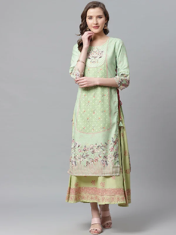 Fashion Sale Women Pastel Green Rayon Floral Layered Dress