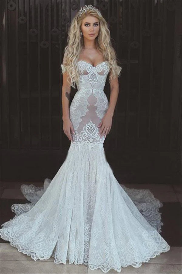 Graceful Movement Sexy Queen Mermaid Sweetheart Ivory Lace Off-the-Shoulder Open Back Wedding Dresses