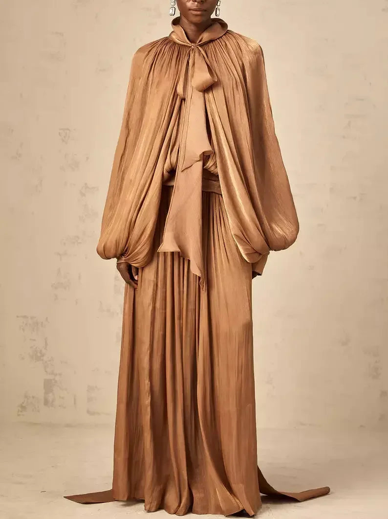 Timeless Elegance Redefined Draped Pleated Tie-Neck Maxi Dress in Brown