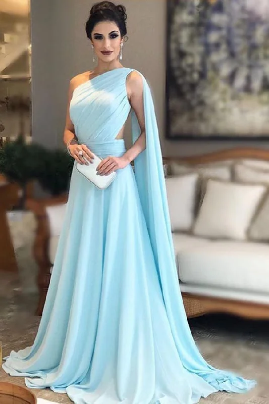 Contemporary Elegance Light Blue One Shoulder Chiffon Pleats Sheer Illusion Back Prom Gown N825