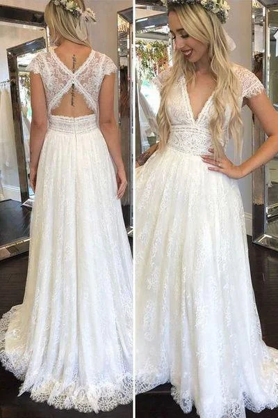 Early Access To Art Deco Styles Sale Simple Deep V Neck Lace Appliques Open Back Ivory Wedding Dresses Bridal Gowns