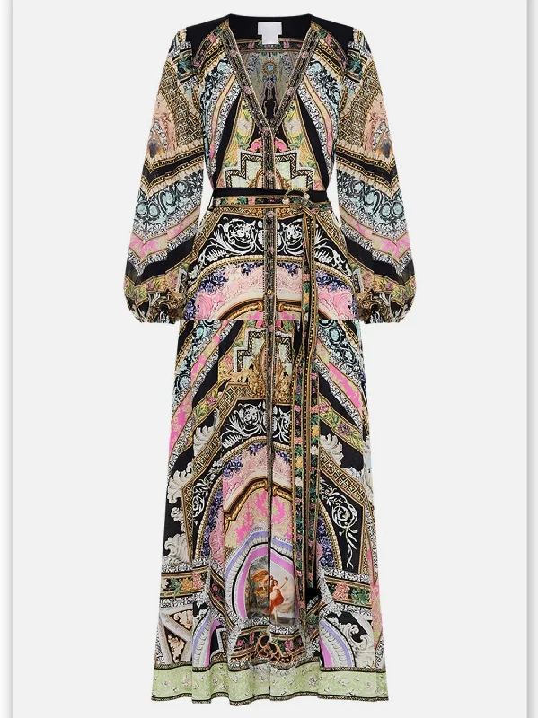 Fashion Forward Belted Multicolor Printed Silk V-Neck Maxi Dress