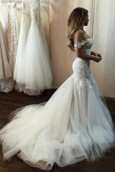 Fashion-Forward Outfits Off the Shoulder Mermaid Tulle Wedding Dresses Lace Appliques Bridal Gown