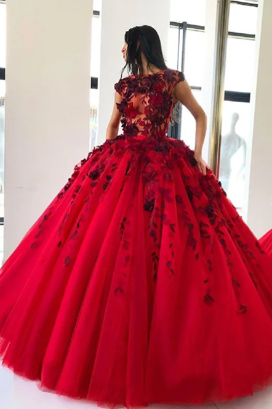 Minimalist Elegant Red Ball Gown Prom Dresses with Appliques Floor Length Tulle Quinceanera Dresses N1325