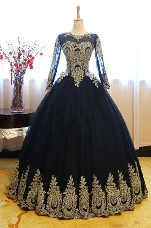 Polished Finish Black Ball Gown Long Sleeves Party Dress Princess Tulle Prom Dress with Lace Appliques N1192