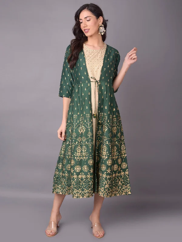 Imeless Style Women Green Floral Printed Dress With Jacket