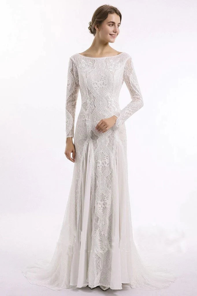 Art Deco Geometric Pattern Look Sheath Long Sleeve Ivory Lace Wedding Dresses See Through Backless Boho Bridal Dresses