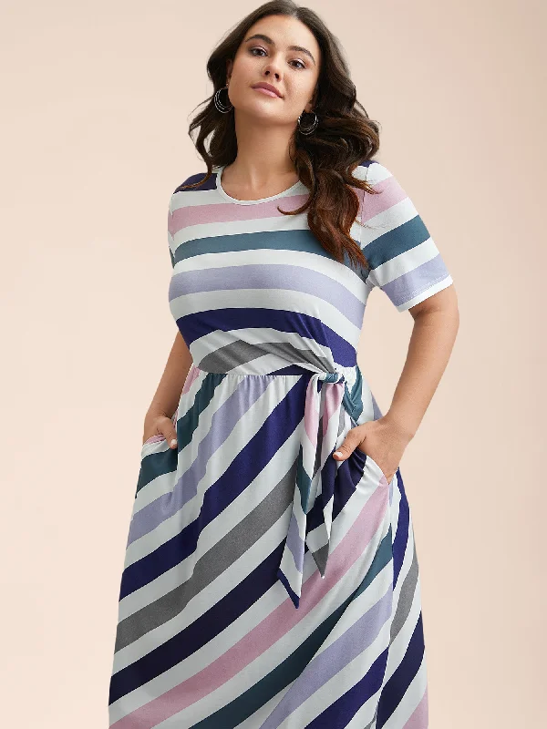 Mid - Week Surprise Striped Waist-Tie Half Sleeve Midi Dress