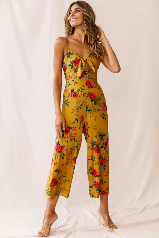 Vintage Elegance Call Me Wide-Leg Tied Bust Jumpsuit Floral Print Mustard