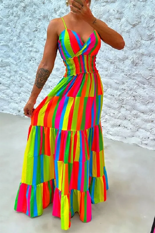 Chic Styles Rainbow Urban Tie Back Tiered Maxi Dress