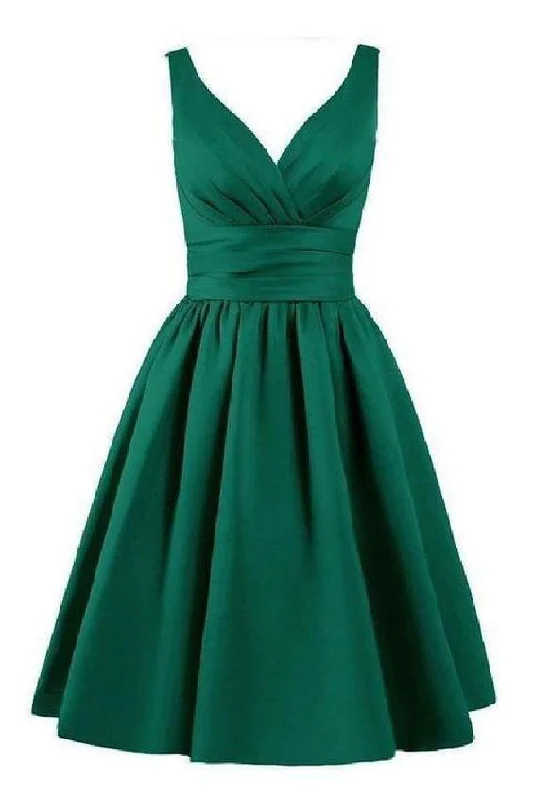 Limited Quantities Sleeveless Pleated Hunter Ruched V Neck A Line Satin Elegant Homecoming Dresses       S2983