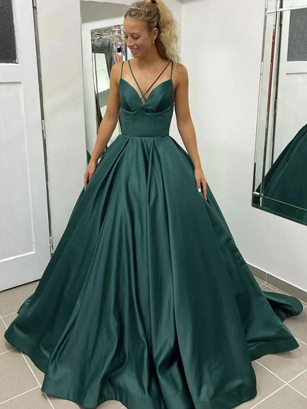 Flash Sale Starts Ball Gown Satin Ruffles V-neck Sleeveless Court Train Dresses