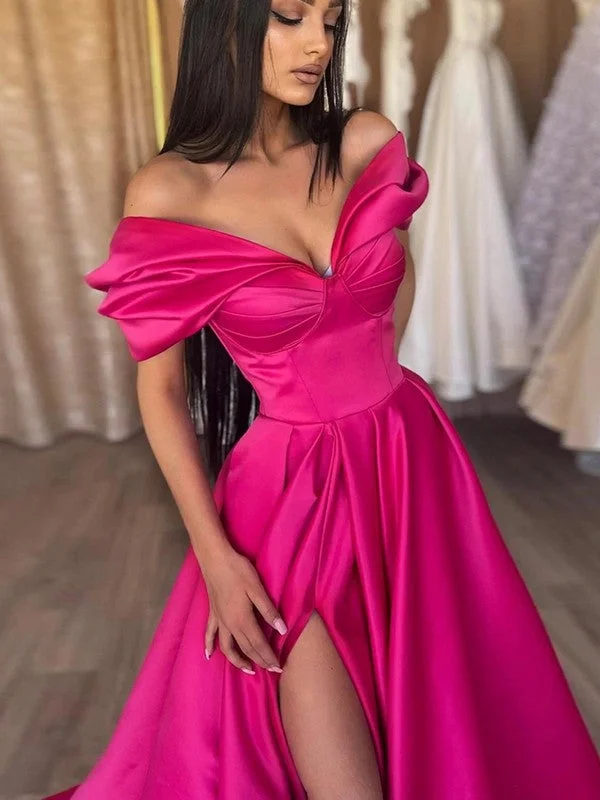 Trendy Fashion Sale A-Line/Princess Satin Ruched Off-the-Shoulder Sleeveless Sweep/Brush Train Dresses