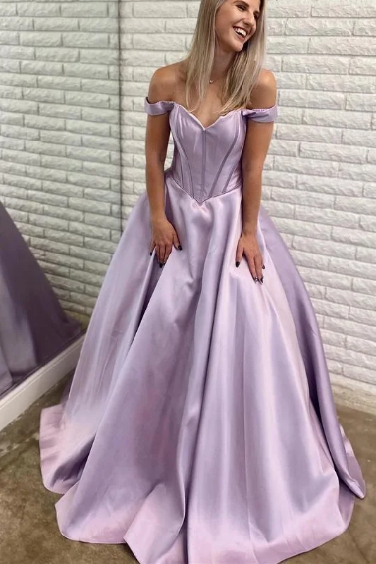 Grab Romantic Date - Night Styles Now Lavender Off the Shoulder Satin Long Ball Gown