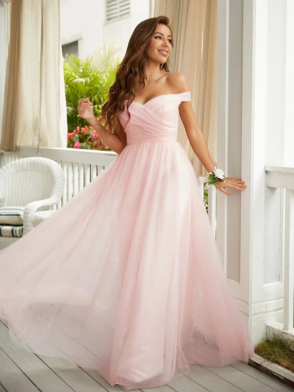 Exclusive Sale A-Line/Princess Tulle Ruched Off-the-Shoulder Sleeveless Floor-Length Dresses