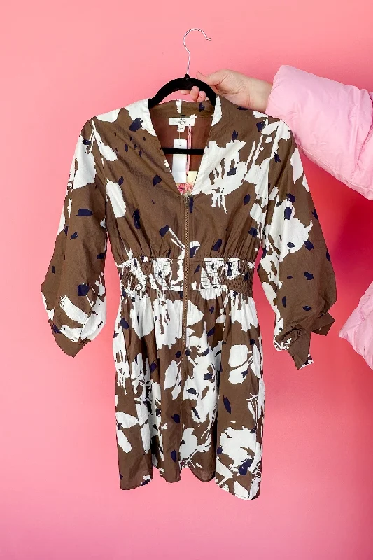 Limited Time Offers Abstract Floral Smocked Elastic Waist Zip Up Brown Dress