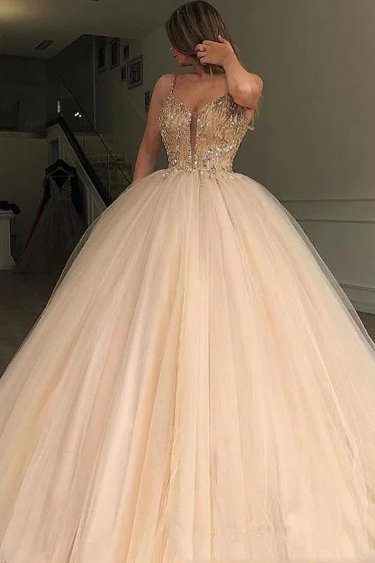 Bold Fashion Sparkly Spaghetti Strap Beaded Tulle Ball Gown Prom Dresses