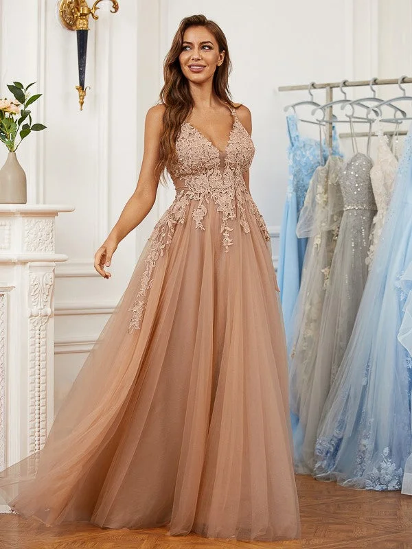 Cool Prices A-Line/Princess Tulle Applique V-neck Sleeveless Floor-Length Dresses