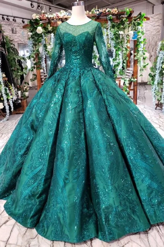 Trend Alert Dark Green Long Sleeves Ball Gown Prom Dresses with Beads Quinceanera Dresses N1713