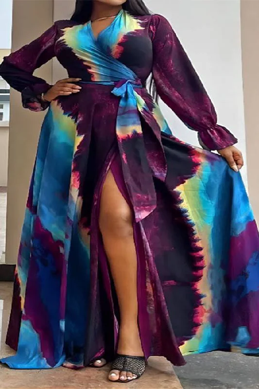 Everyday Wear Tie Dye On-trend Lace-Up High Split Maxi Dress