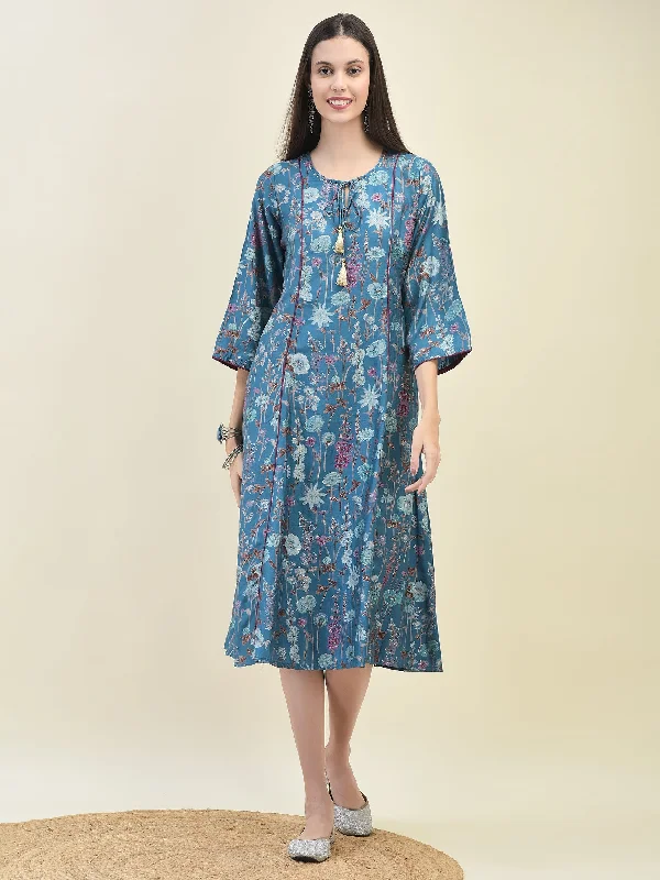 Premium Style Women Viscose Teal Floral Print Dress