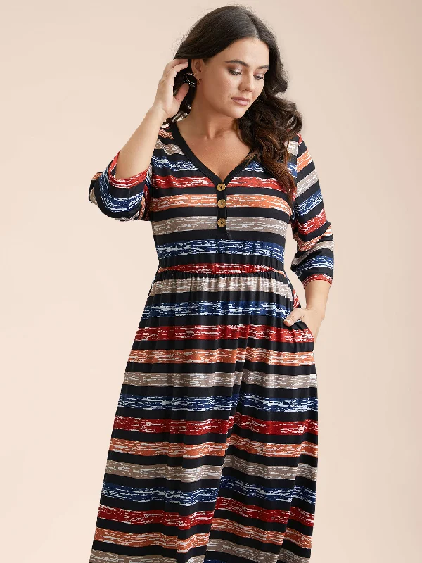 Fashion-Forward Multi-Color Striped Half-Placket Midi Dress