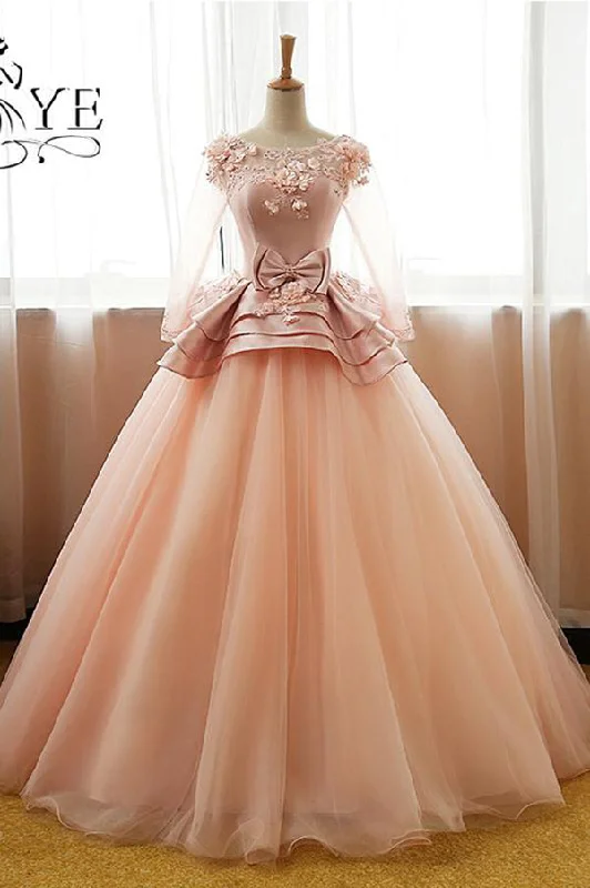 Everyday Glamour Ball Gown Long Sleeve Tulle Prom Dresses with Flowers Puffy Quinceanera Dresses N1042