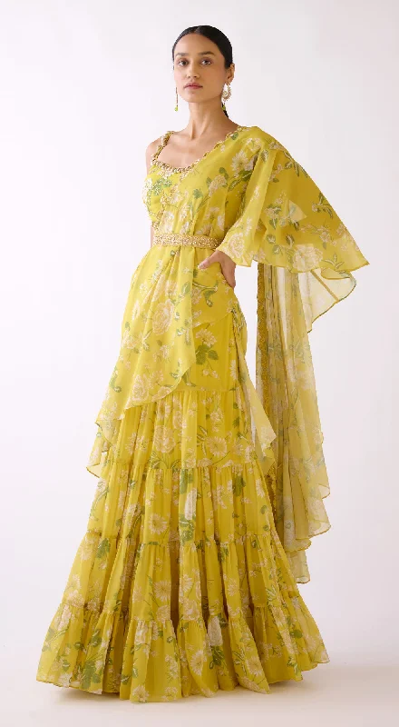 Chic Sophistication Yellow Embellished Floral Draped Saree