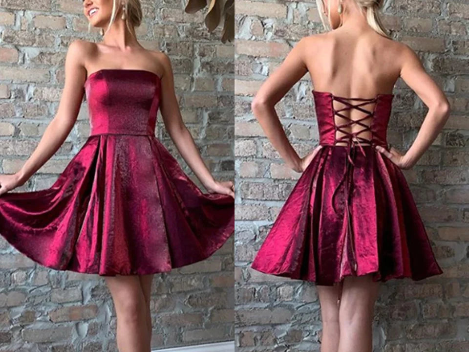 Dreamy Draping Strapless Burgundy Satin Short Prom Dresses     S3192