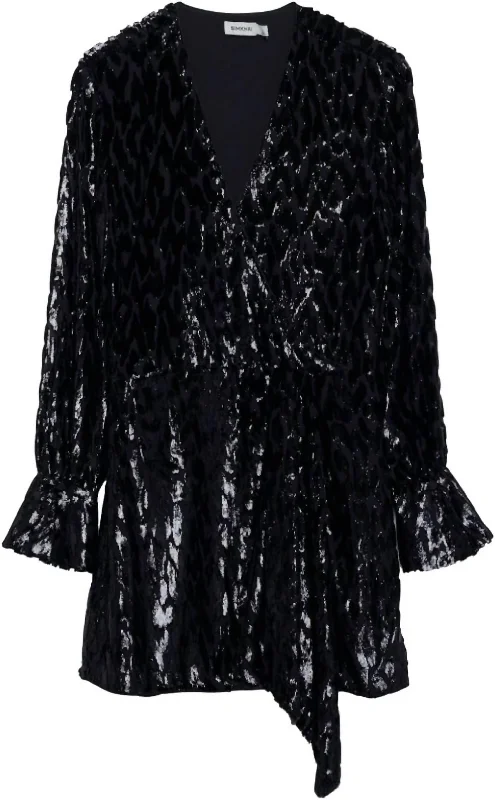 Luxury Style Women's Long Sleeve Metallic Jacquard Mini Dress In Black