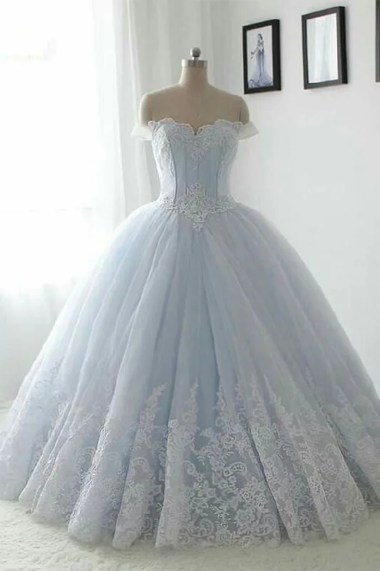 Floral Style Puffy Off the Shoulder Prom Dresses with Lace Ball Gown Quinceanera Dresses N1350