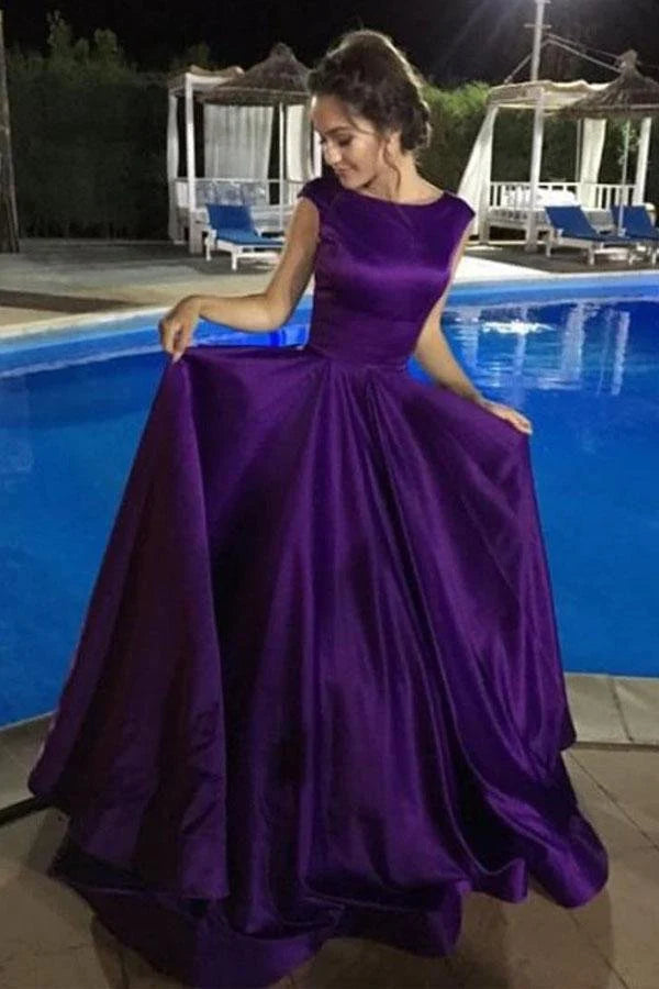 Mother'S Day Special Ball Gown Satin Sleeveless Bateau Purple Backless Prom Dresses