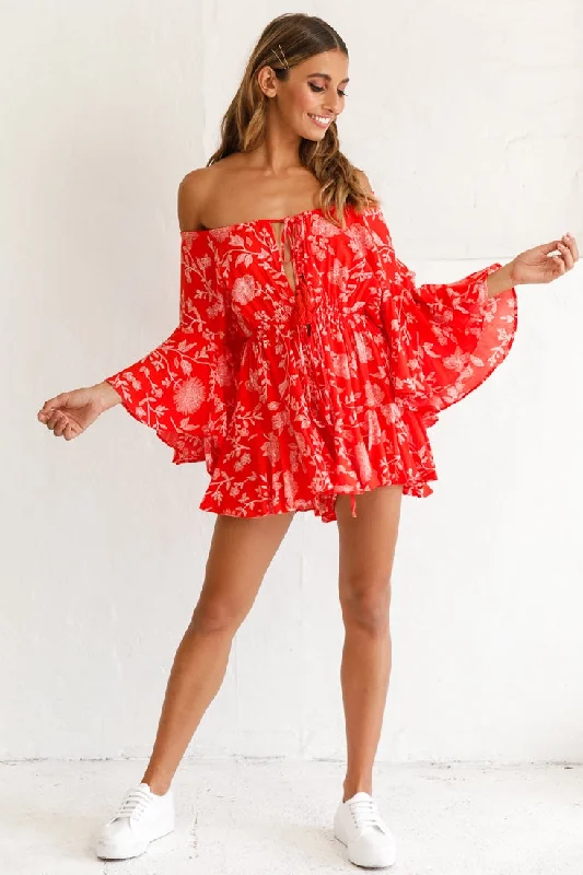 Limited - Stock Fiona Drawstring Floral Romper Red