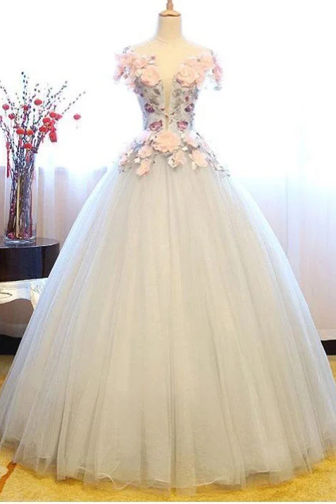 Chic Sophistication Ball Gown Sheer Neck Tulle Party Dress with Flowers Floor Length Long Prom Dress N1302