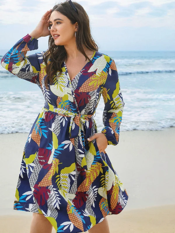 Great Prices On Feminine Styles Surplice Neck Tropical Leaf Pockets Midi Dress