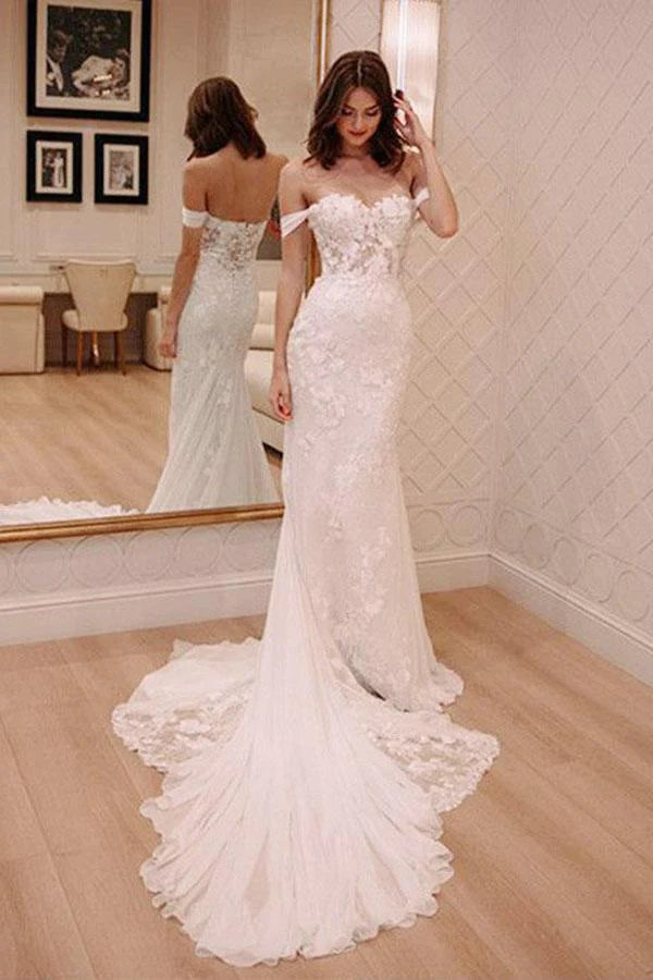 Boho - Chic Festival - Ready Style Sheath Off-the-Shoulder White Mermaid Chiffon Lace Appliques Beach Wedding Dresses