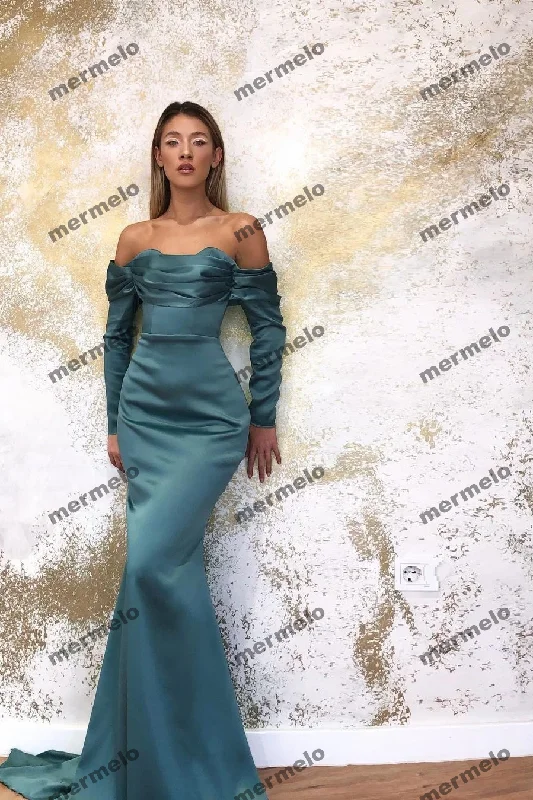 Limited-Time Offer Mermaid Long Sleeves Evening Dresses Off The Shoulder Elegant Satin Women Formal Prom Party Pageant Dress Plus Size Custom Made