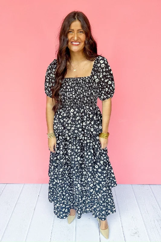 Flash Sale Starts Smocked Floral Square Neck Tiered Pocketed Maxi Dress in Black/Ivory