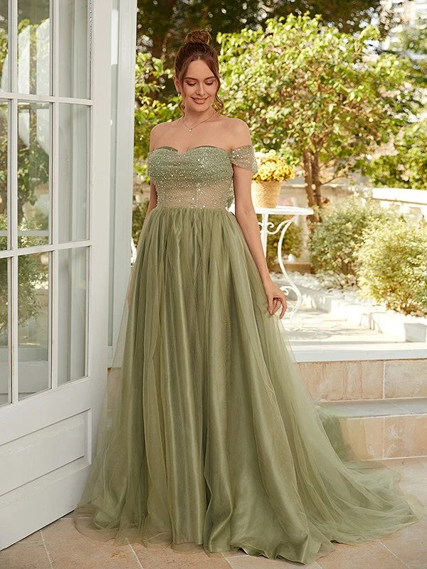 Fashion Sale A-Line/Princess Tulle Ruched Off-the-Shoulder Sleeveless Court Train Dresses