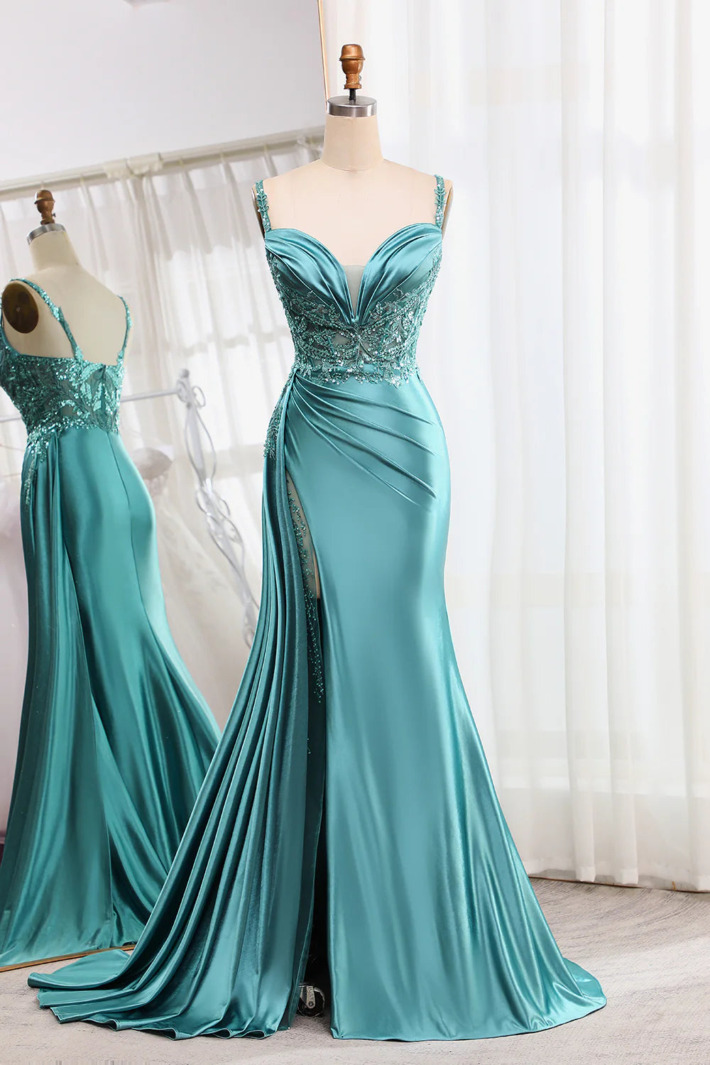 Feminine Flow Amzcw Mermaid V-Neck Satin Long Appliques Sequin Blue Prom Dress With Slit