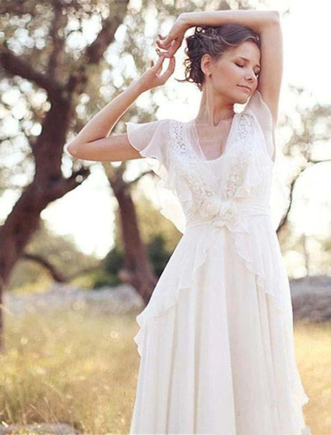 Latest Fashion Beach Boho Wedding Dresses A-Line V Neck Short Sleeve Floor Length Chiffon Bridal Gowns With Beading Appliques  Summer Wedding Party, Women's Clothing