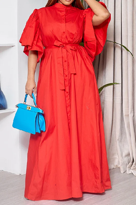 Popular Collection Solid Color Classic Ruffle Sleeve Lace-Up Maxi Dress