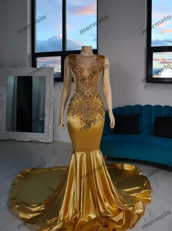 Fashion-Forward Style Gold Satin Mermaid Prom Dress For Women Glitter Diamante Applique Skinny