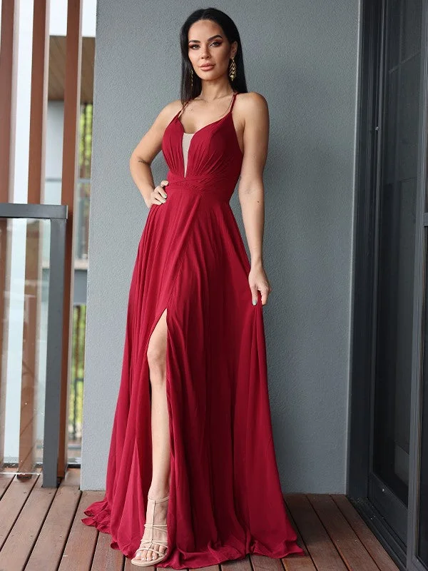 Summer Fashion A-Line/Princess Chiffon Ruffles V-neck Sleeveless Sweep/Brush Train Dresses