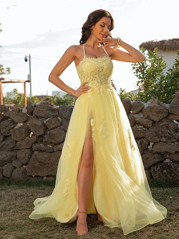 Stylish Spring Fashion A-Line/Princess Tulle Applique Halter Sleeveless Sweep/Brush Train Dresses