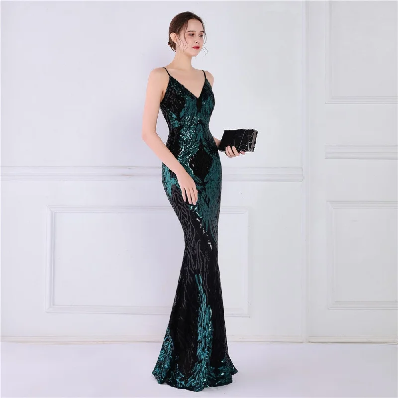 Lighten Up With Nordic Styles Wings Pattern Sequin Charming Mesh Strappy Gown