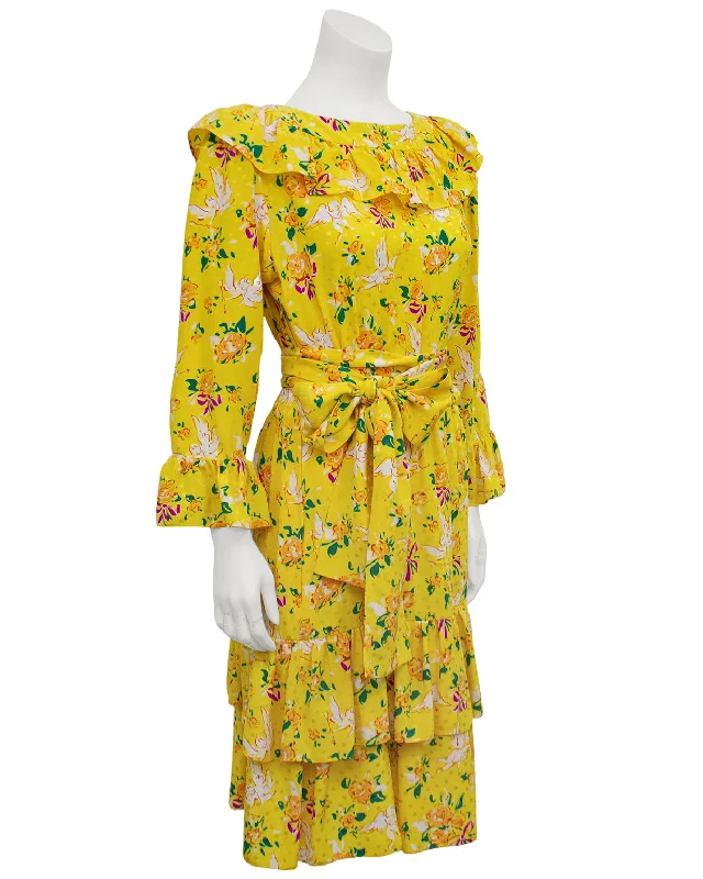 Chic Urban Fashion Look Yellow Floral & Cupid Silk Jacquard Dress