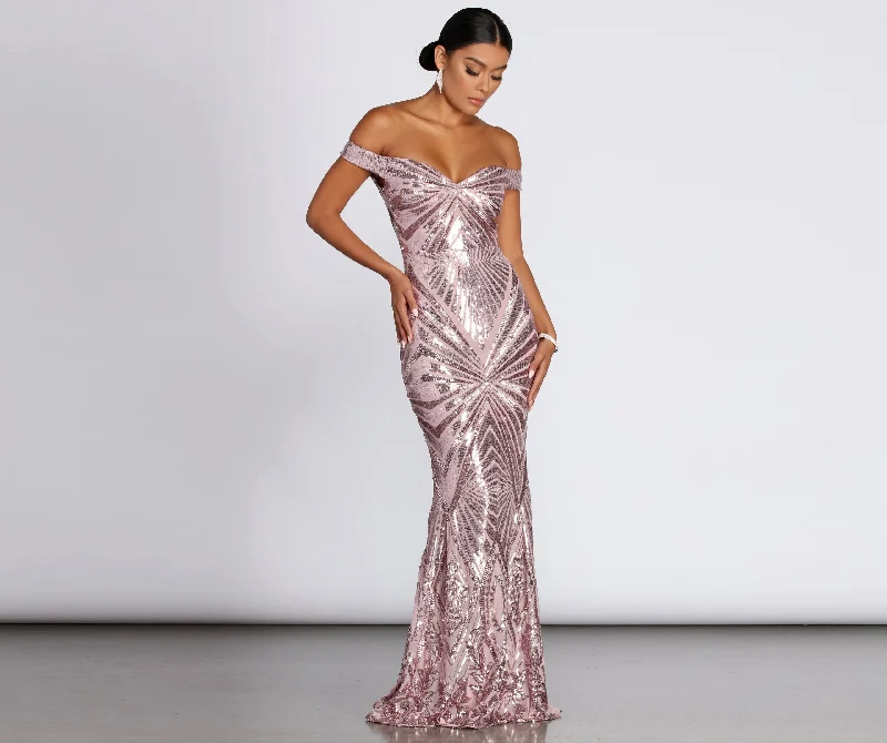 Score Big On Glamorous Red - Carpet Styles Lilith Off-Shoulder Stylish Sequin Evening Gown