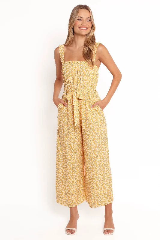 Seize Bargains Mishia Tie Waist Jumpsuit - Yellow Floral